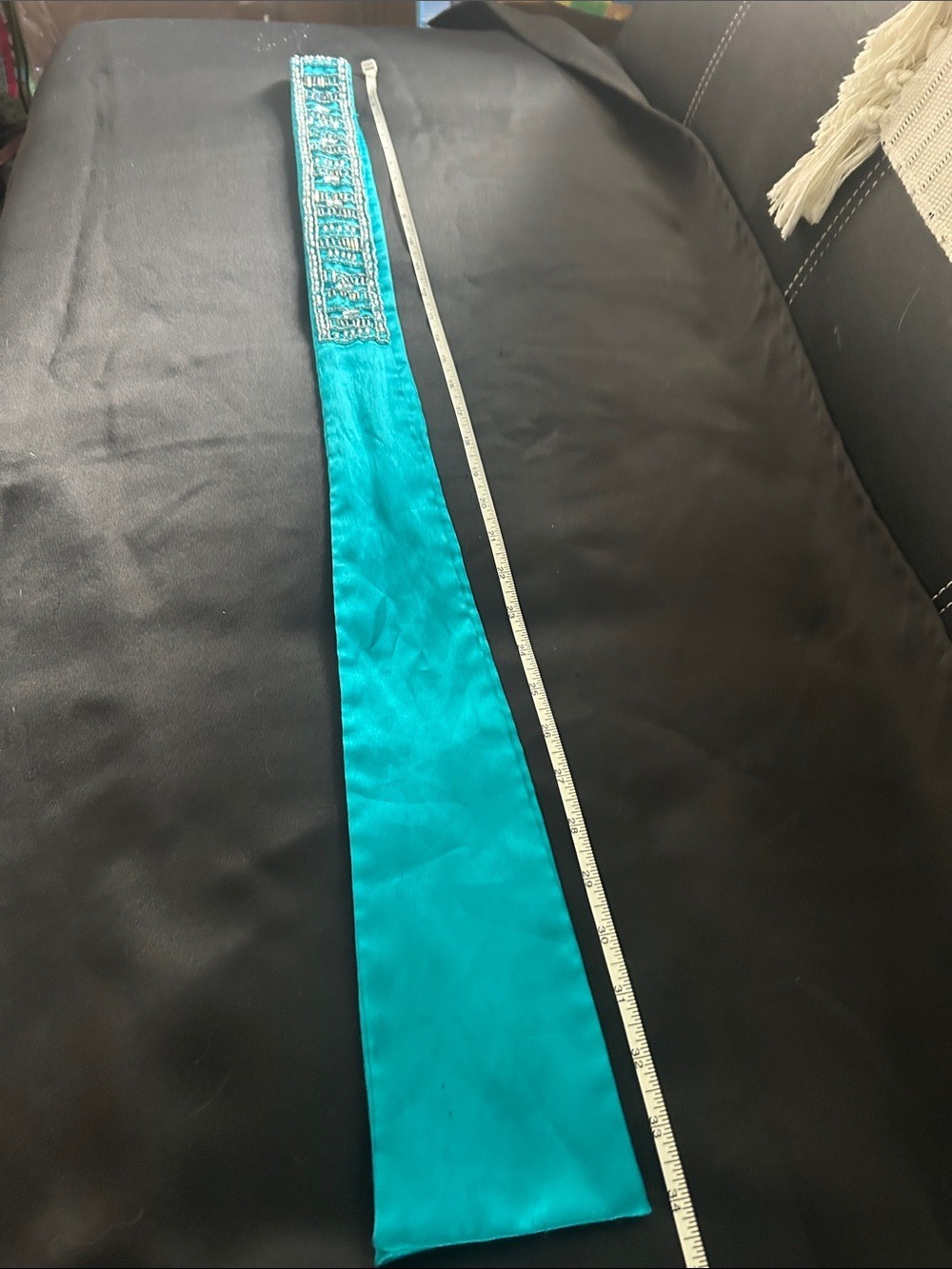 Turquoise Beaded Satin Sash Belt - 34 inches - Picture 3 of 4